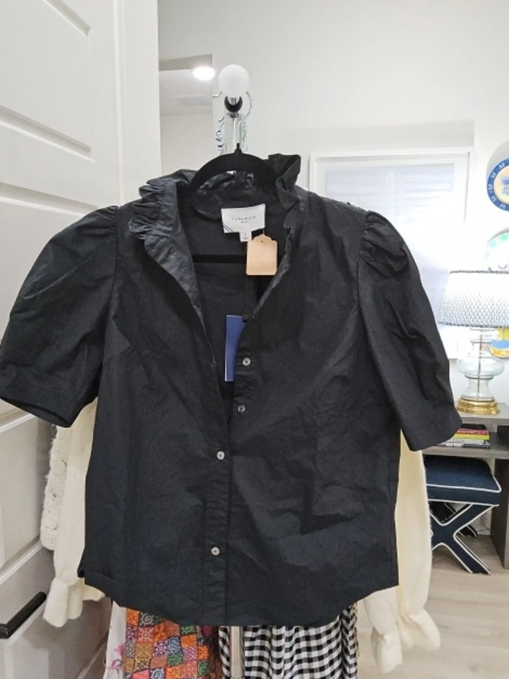 TuckernuckBlack Ruffle-Neck Short Sleeve Button Blouse